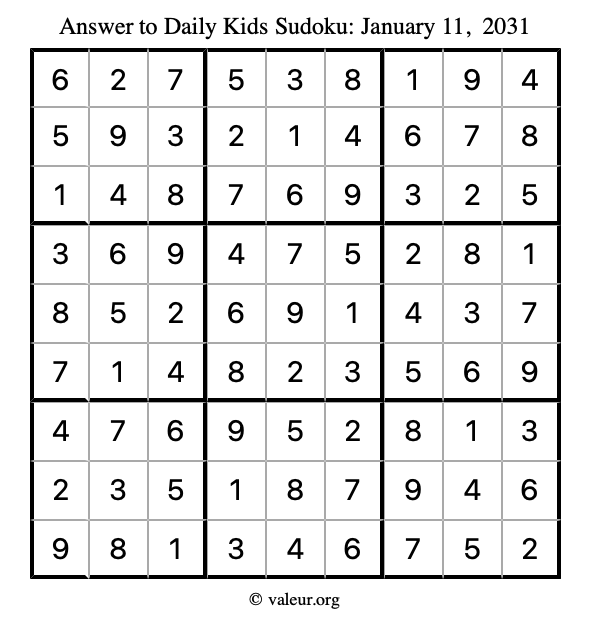 Answer to kids sudoku January 11, 2031