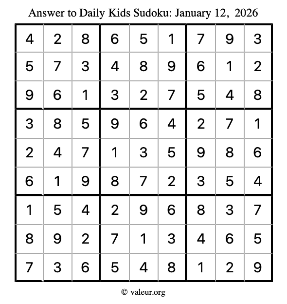 Answer to kids sudoku January 12, 2026