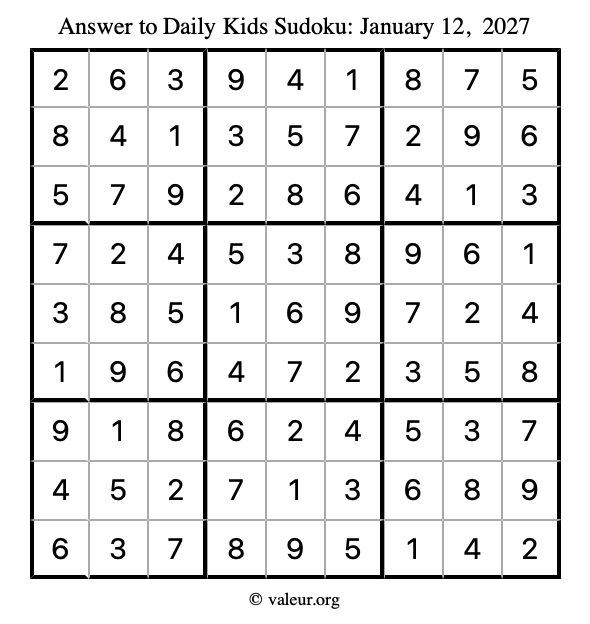 Answer to kids sudoku January 12, 2027