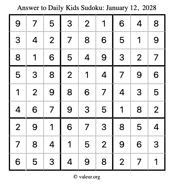 Answer to kids sudoku January 12, 2028