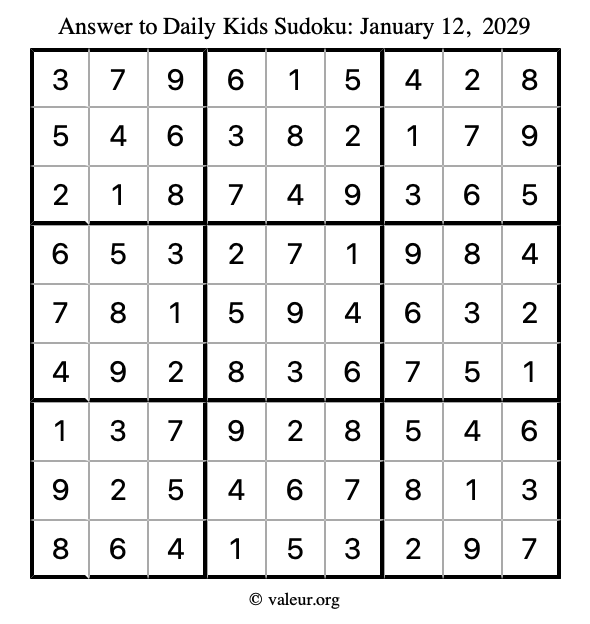 Answer to kids sudoku January 12, 2029