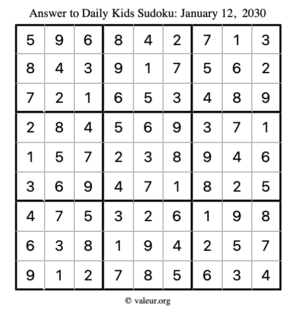 Answer to kids sudoku January 12, 2030
