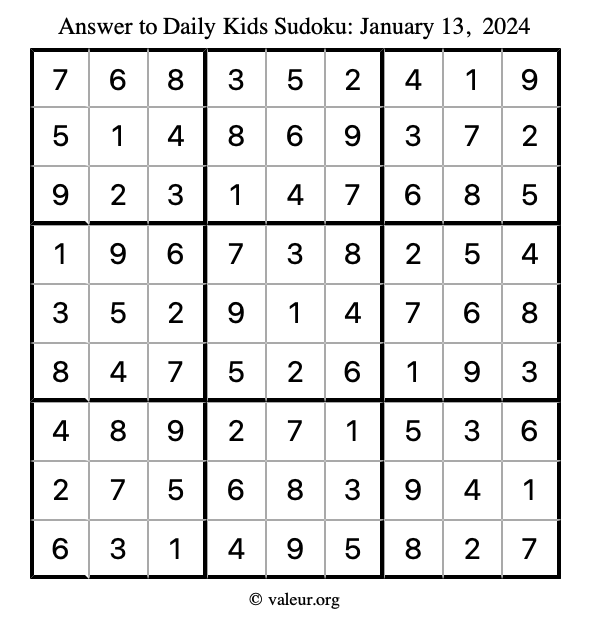 Answer to kids sudoku January 13, 2024