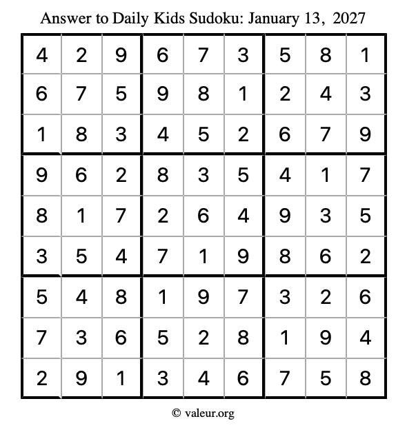 Answer to kids sudoku January 13, 2027