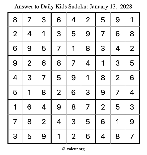Answer to kids sudoku January 13, 2028