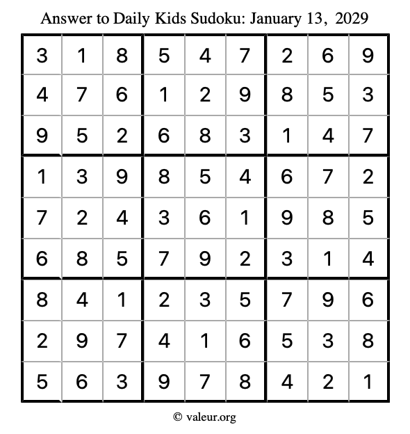 Answer to kids sudoku January 13, 2029
