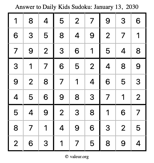 Answer to kids sudoku January 13, 2030