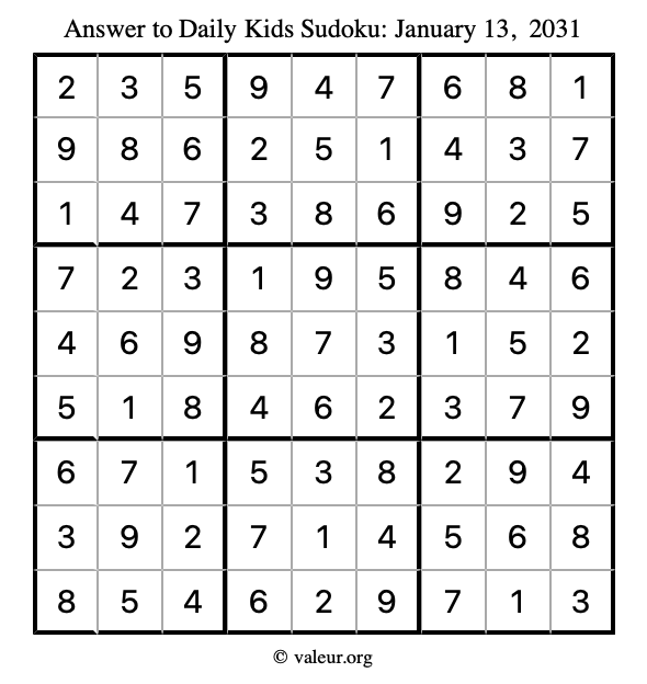 Answer to kids sudoku January 13, 2031