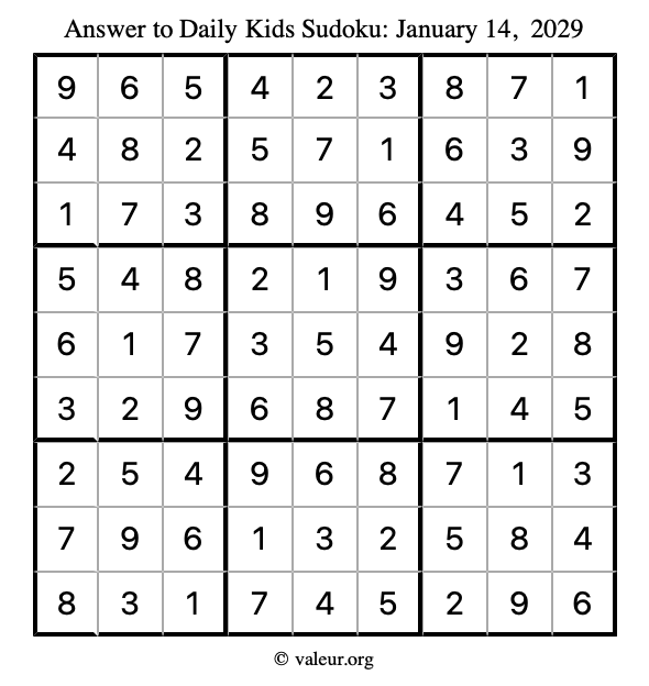 Answer to kids sudoku January 14, 2029