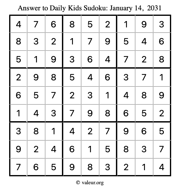 Answer to kids sudoku January 14, 2031