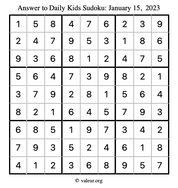 Answer to kids sudoku January 15, 2023