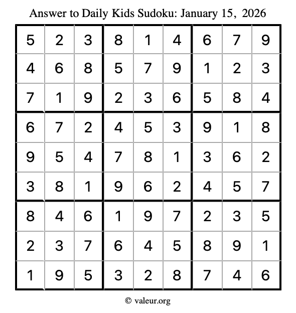 Answer to kids sudoku January 15, 2026