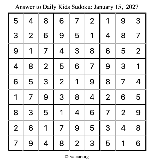 Answer to kids sudoku January 15, 2027