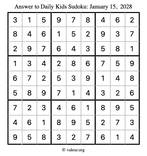 Answer to kids sudoku January 15, 2028