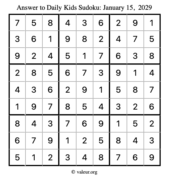 Answer to kids sudoku January 15, 2029