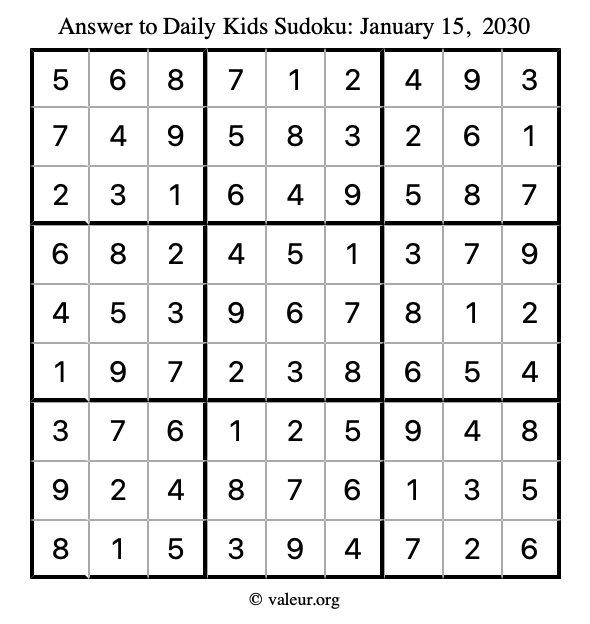 Answer to kids sudoku January 15, 2030