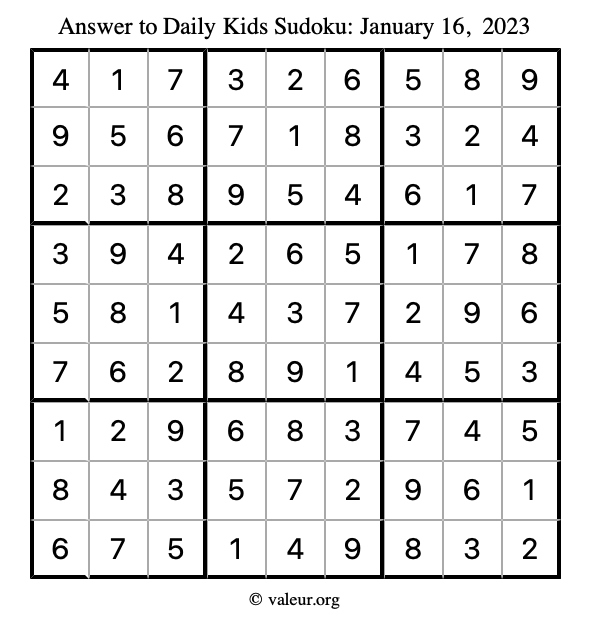 Answer to kids sudoku January 16, 2023