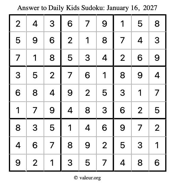 Answer to kids sudoku January 16, 2027