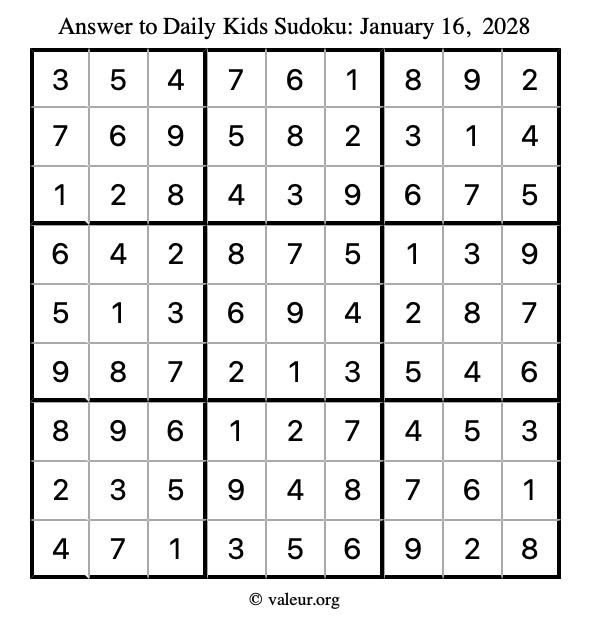 Answer to kids sudoku January 16, 2028