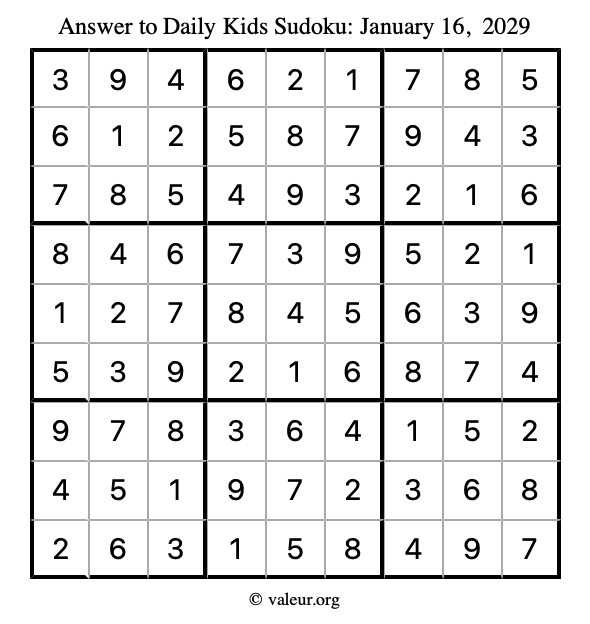 Answer to kids sudoku January 16, 2029