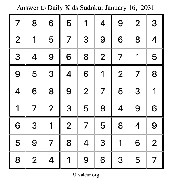 Answer to kids sudoku January 16, 2031