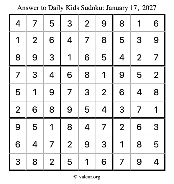 Answer to kids sudoku January 17, 2027