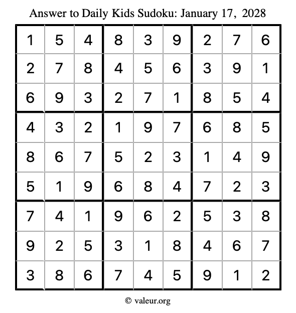 Answer to kids sudoku January 17, 2028