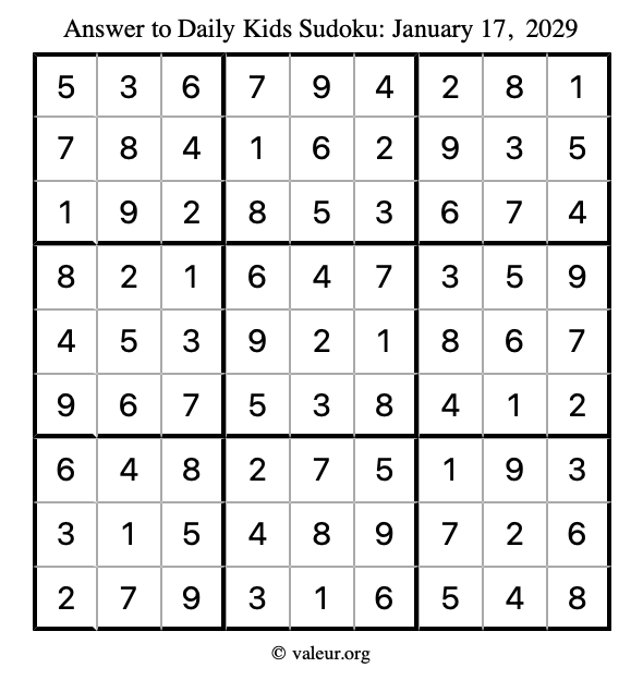 Answer to kids sudoku January 17, 2029