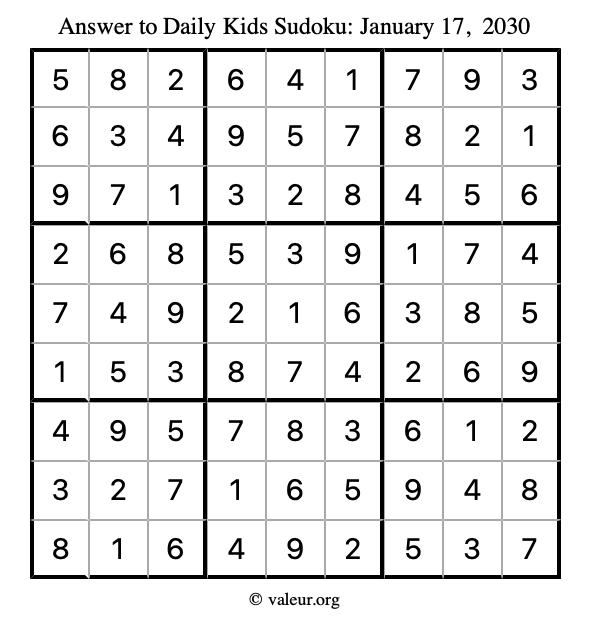 Answer to kids sudoku January 17, 2030