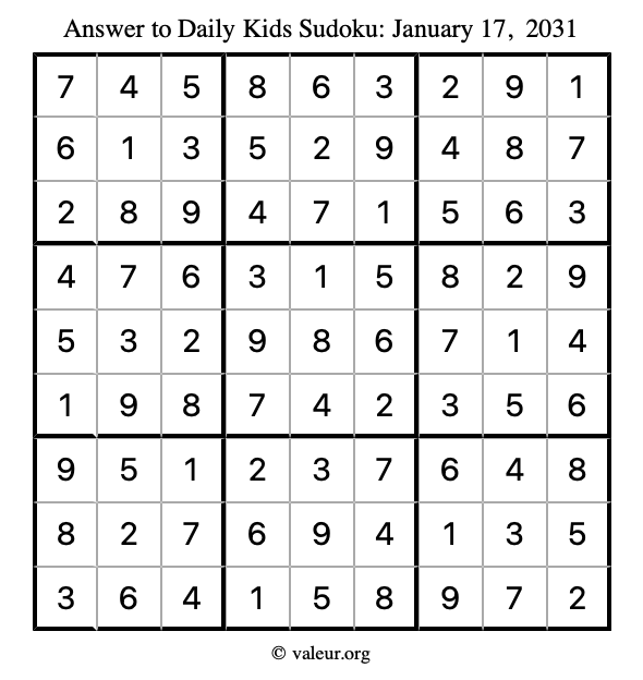 Answer to kids sudoku January 17, 2031