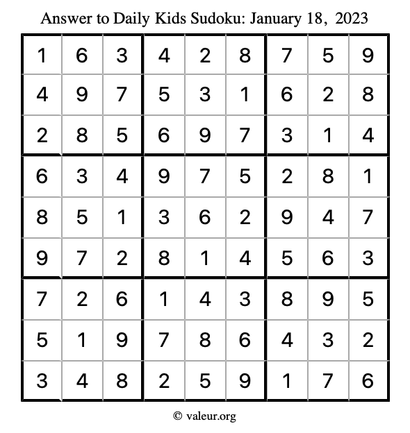 Answer to kids sudoku January 18, 2023