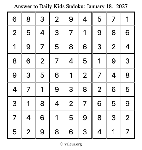 Answer to kids sudoku January 18, 2027