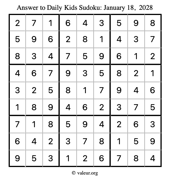 Answer to kids sudoku January 18, 2028