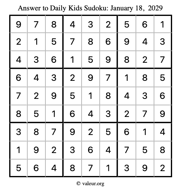 Answer to kids sudoku January 18, 2029