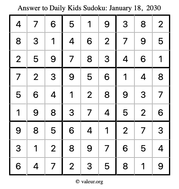 Answer to kids sudoku January 18, 2030
