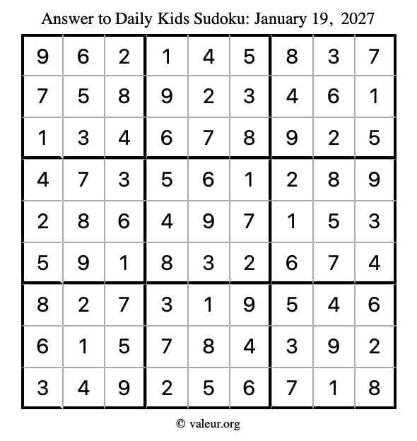 Answer to kids sudoku January 19, 2027