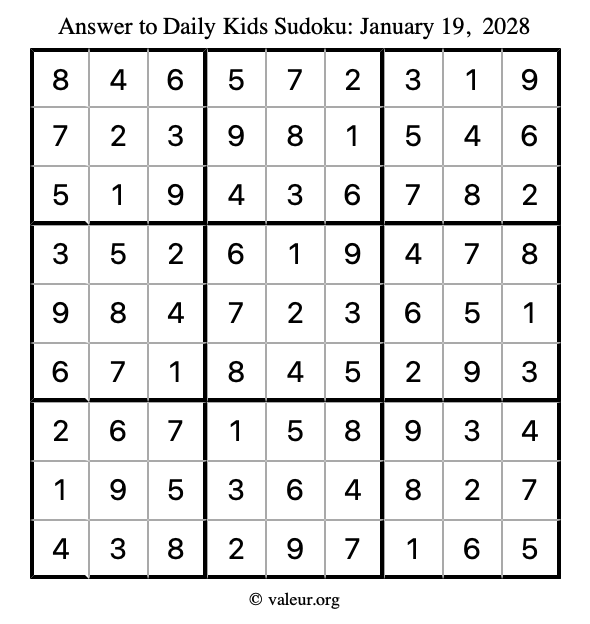 Answer to kids sudoku January 19, 2028