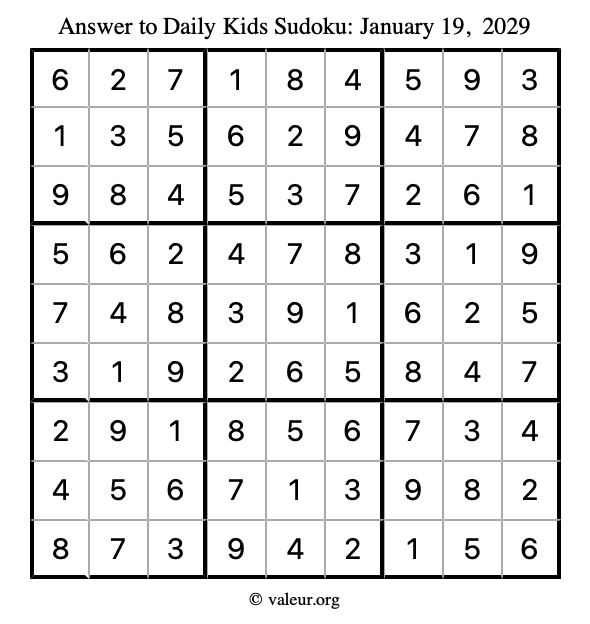 Answer to kids sudoku January 19, 2029