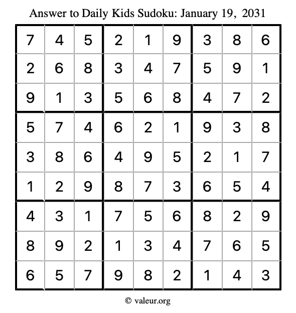 Answer to kids sudoku January 19, 2031