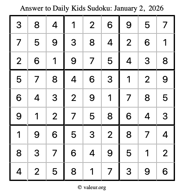 Answer to kids sudoku January 2, 2026
