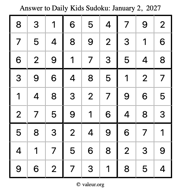 Answer to kids sudoku January 2, 2027