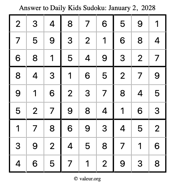 Answer to kids sudoku January 2, 2028