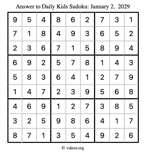 Answer to kids sudoku January 2, 2029