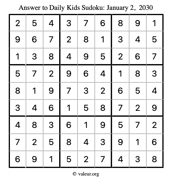 Answer to kids sudoku January 2, 2030
