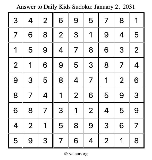 Answer to kids sudoku January 2, 2031
