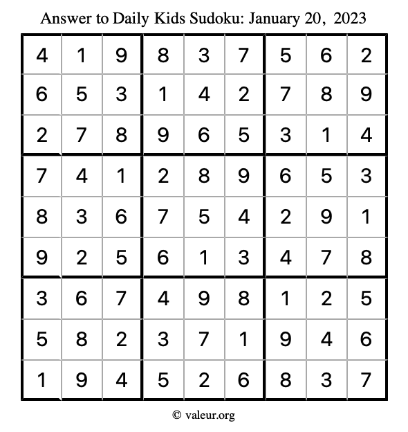 Answer to kids sudoku January 20, 2023