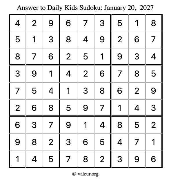 Answer to kids sudoku January 20, 2027
