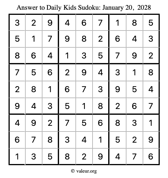 Answer to kids sudoku January 20, 2028