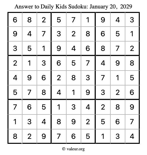Answer to kids sudoku January 20, 2029