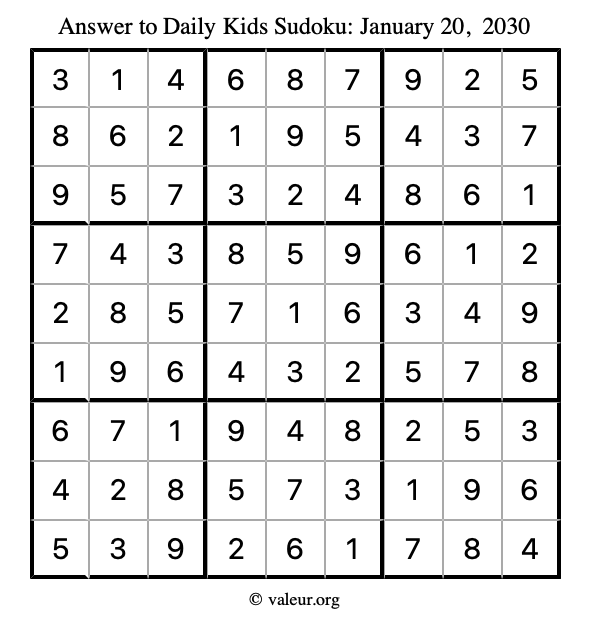 Answer to kids sudoku January 20, 2030